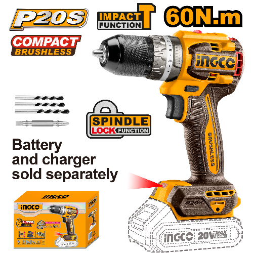 INGCO CIDLI206021 20V PS+ C/L DRILL B/LESS 60NM - Online Electrical