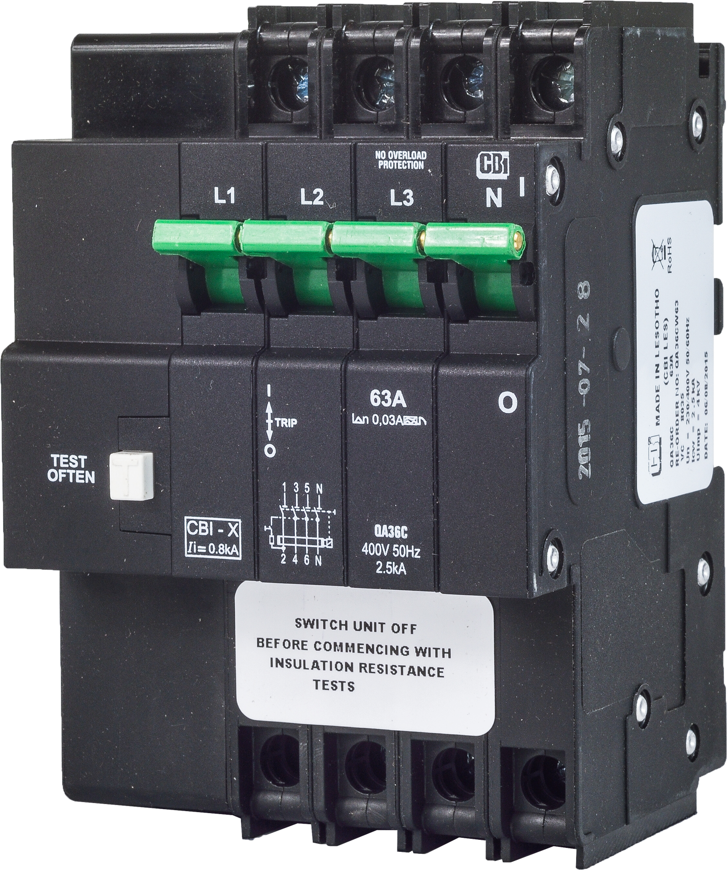 QA36CW 63A 3P+N E/Leak No Overload Protection