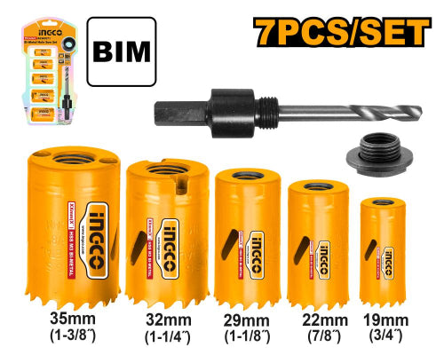 Set of INGCO hole saws with drill bit and packaging on a white background