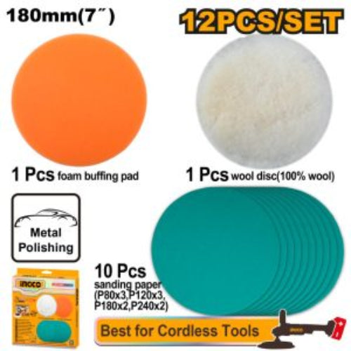 Set of polishing pads with sizes and quantities indicated, including foam buffing pad, wool disc, and sanding paper.