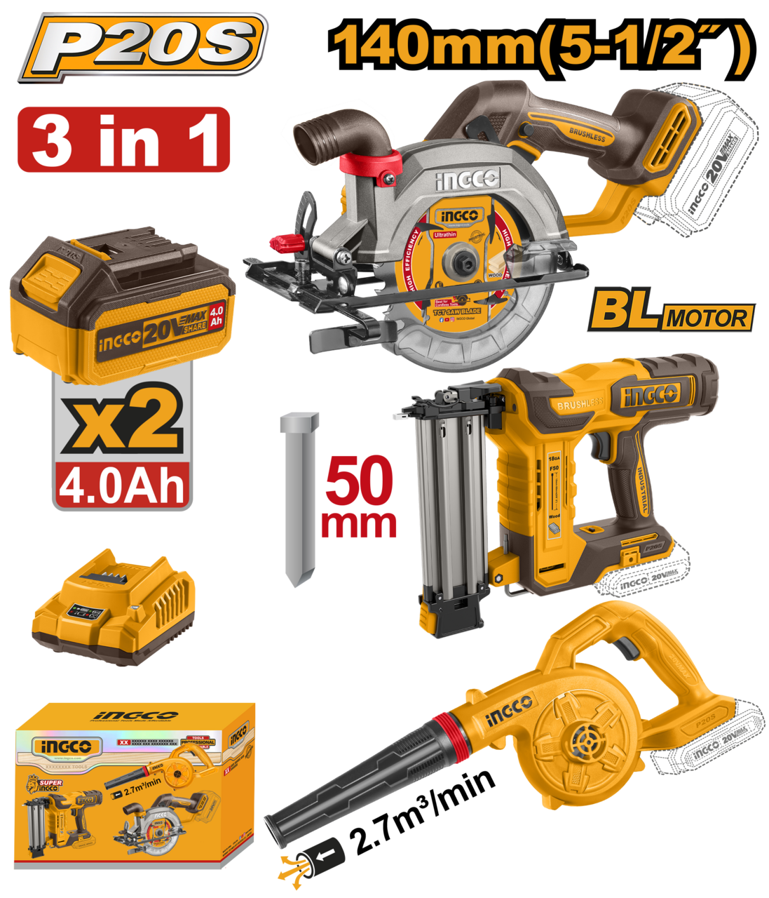 CKLI25032802 Blower/Nail Gun/Circular Saw c/w 2Batt+Charge 3PCE