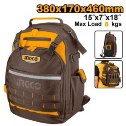 Brown and orange backpack with Ingco branding, dimensions, and weight capacity displayed.