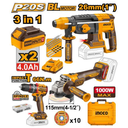 INGCO COSLI241198 20VPS+ C/L GRIND/DRILL/HAM 3PCE