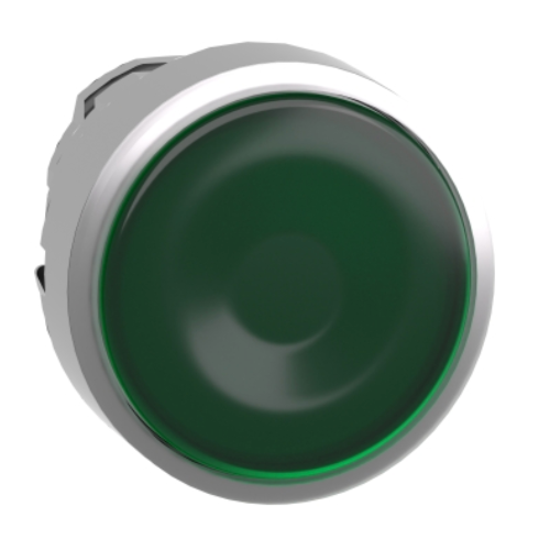 Harmony XB4. Illuminated push button head. metal. flush. green. Ø22. spring return. plain lens integral LED